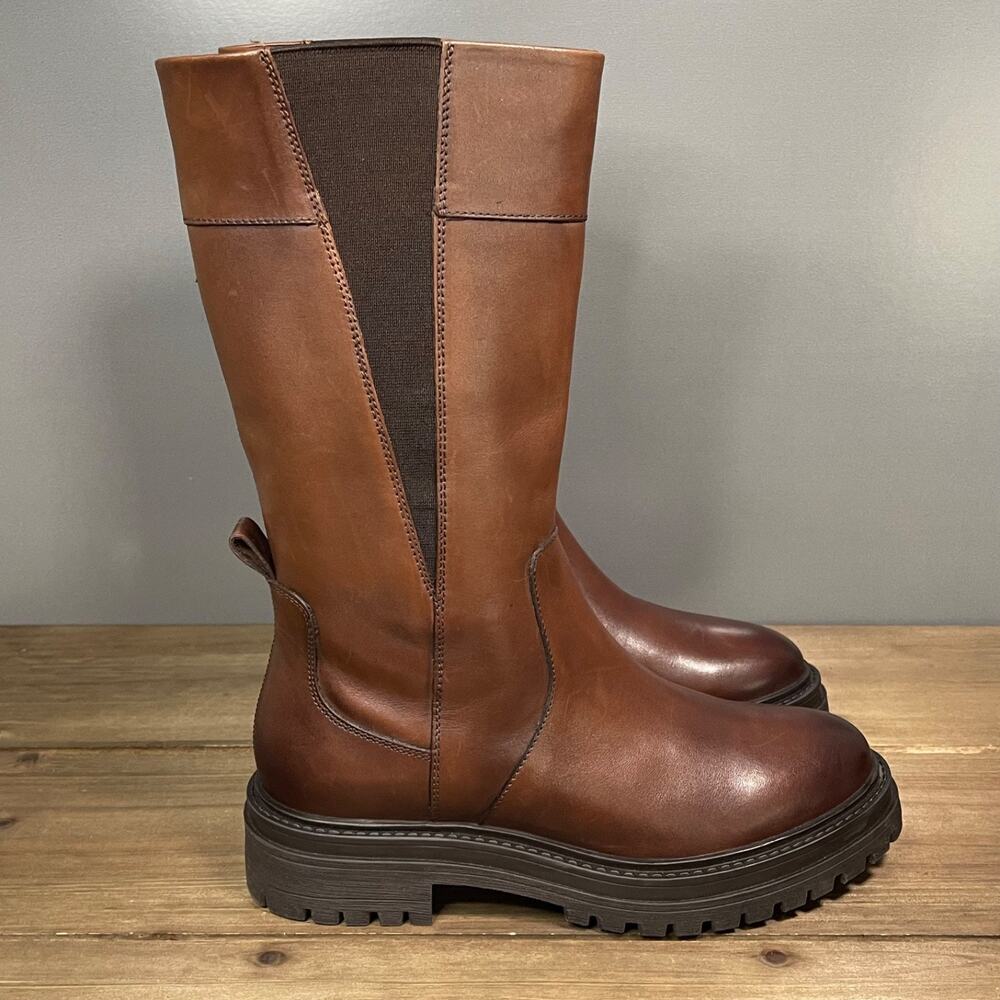Geox Respira Women's Boots Size 37 Brown Leather Mid Calf Chunky Lug Sole Zip Up
